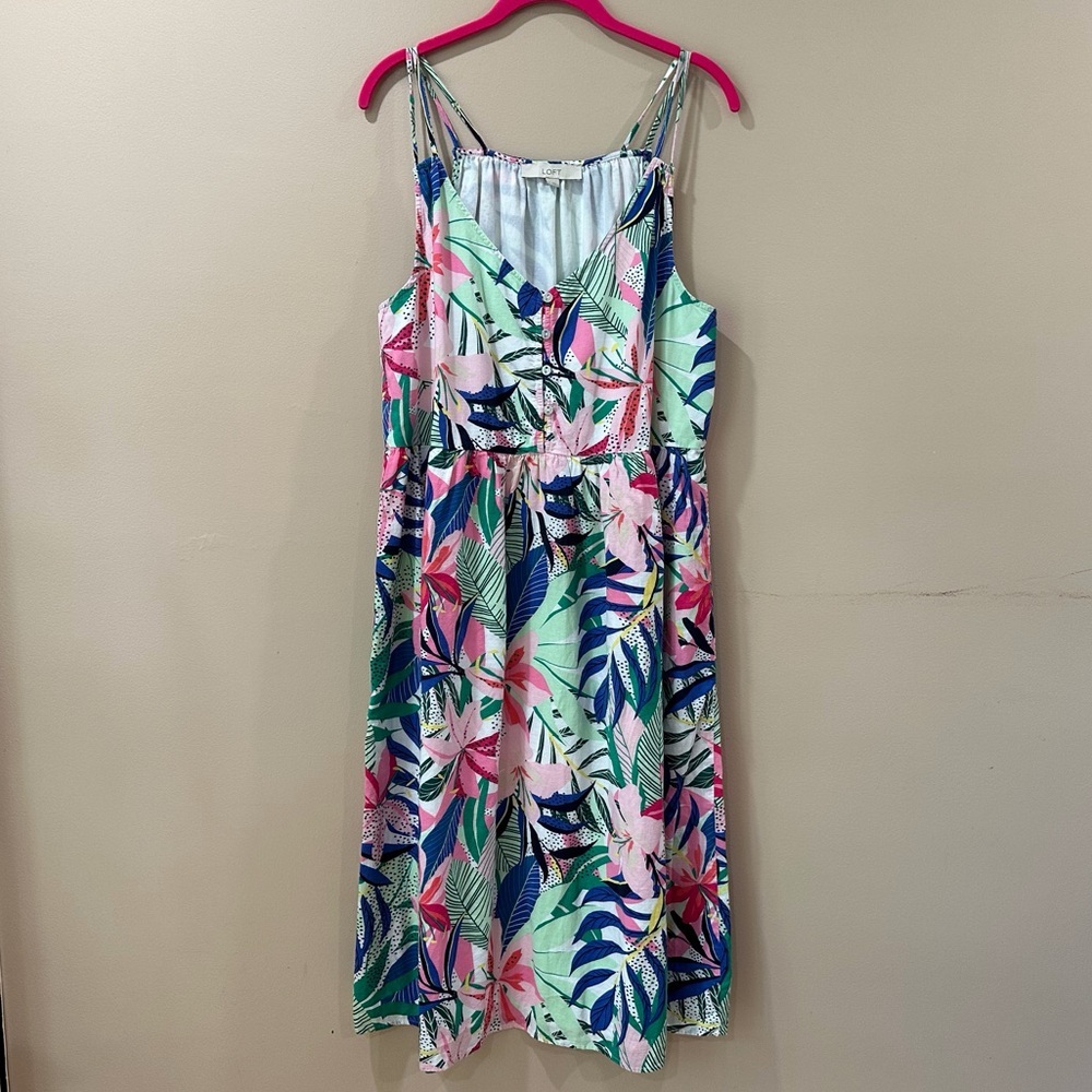 Loft Women 14 Fit&flare Dress Plam Double Strap Tropical Coastal Cruise Beach